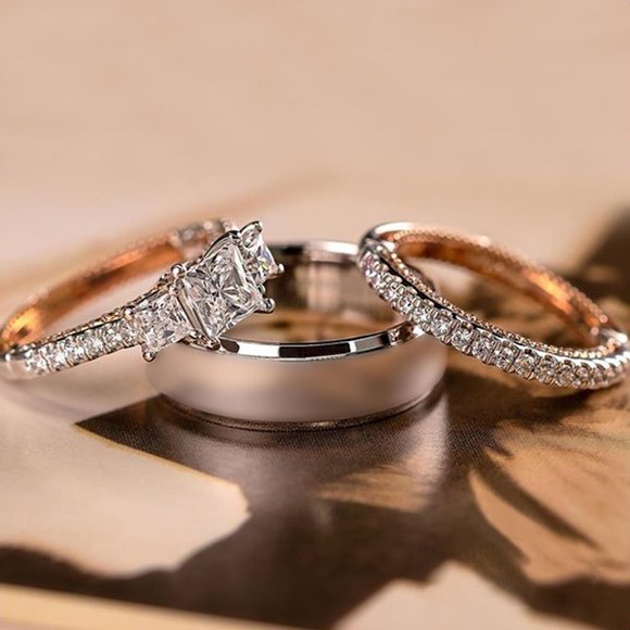 🎀 3Pcs/Set Sweet Three Princess Cut Zircon Square Rings for Women, PD582 - Picture 1 of 7